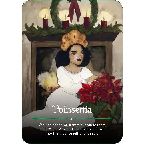 An example Oracle card featuring a dark-skinned woman with dark hair in front of a fireplace, with a bouquet of Poinsettias. The card is entitled "Poinsettia". 