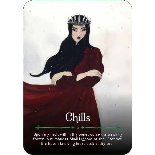 Load image into Gallery viewer, An example Oracle card featuring a pale woman with long black hair and a red dress standing in a snowy landscape. The card is entitled &amp;quot;Chills&amp;quot;. 
