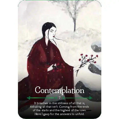 An example Oracle card featuring a pale woman with dark hair and a red dress laying flowers on a rock. The card is titled "Contemplation". 