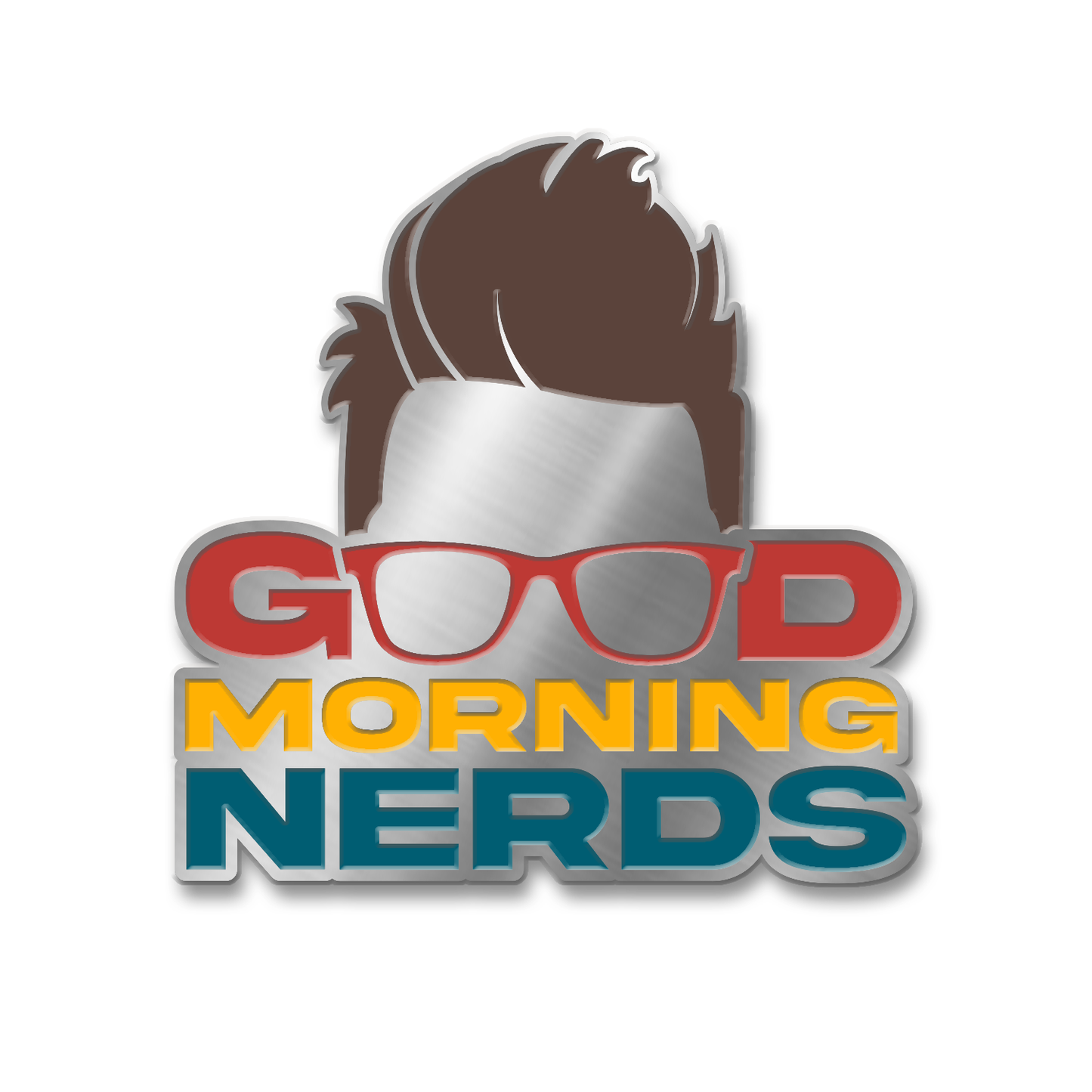 Load image into Gallery viewer, A brass pin with part of Wil Wheaton&amp;#39;s face (from nose up to morning bedhead) that says &amp;quot;Good Morning Nerds&amp;quot; in three colors - the double &amp;quot;oo&amp;quot; of &amp;quot;Good&amp;quot; are Wil Wheaton&amp;#39;s glasses. 
