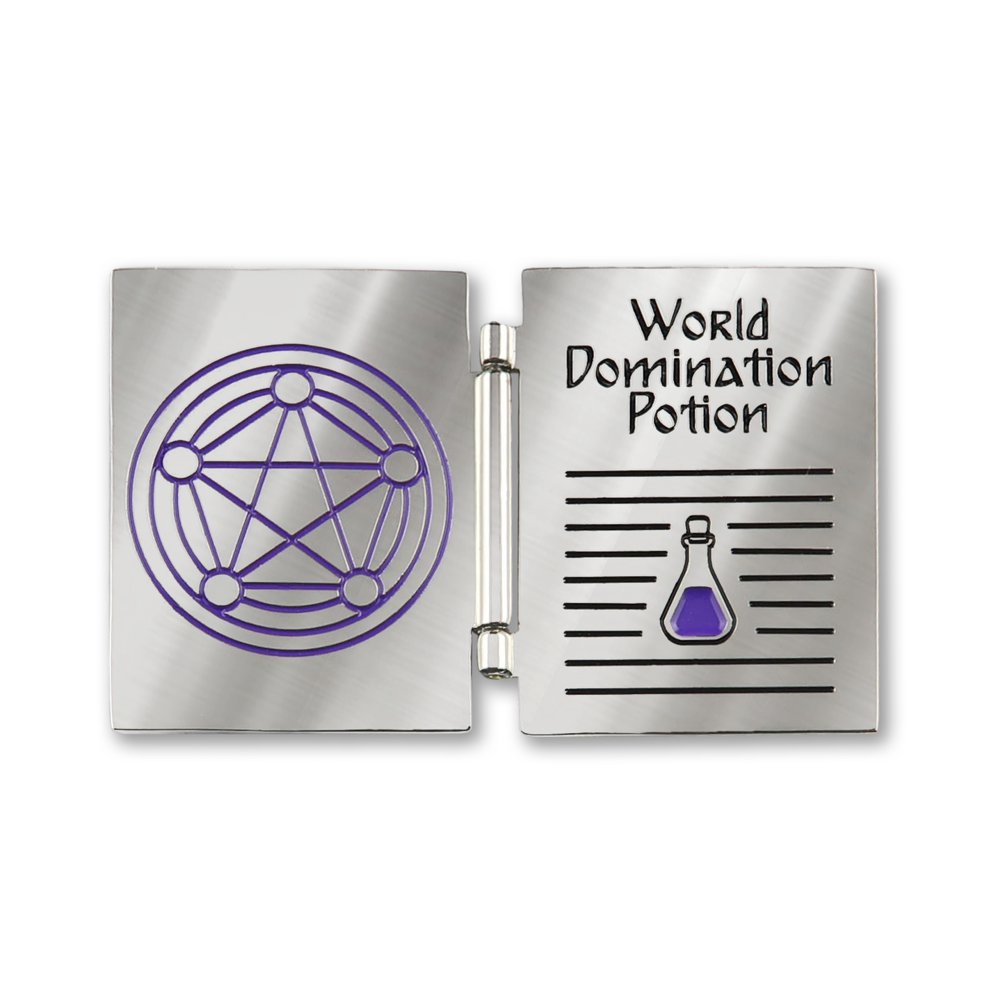 An open hinge pin depicting a purple pentagram on one side and a potion on the other, with "World domination potion" at the top