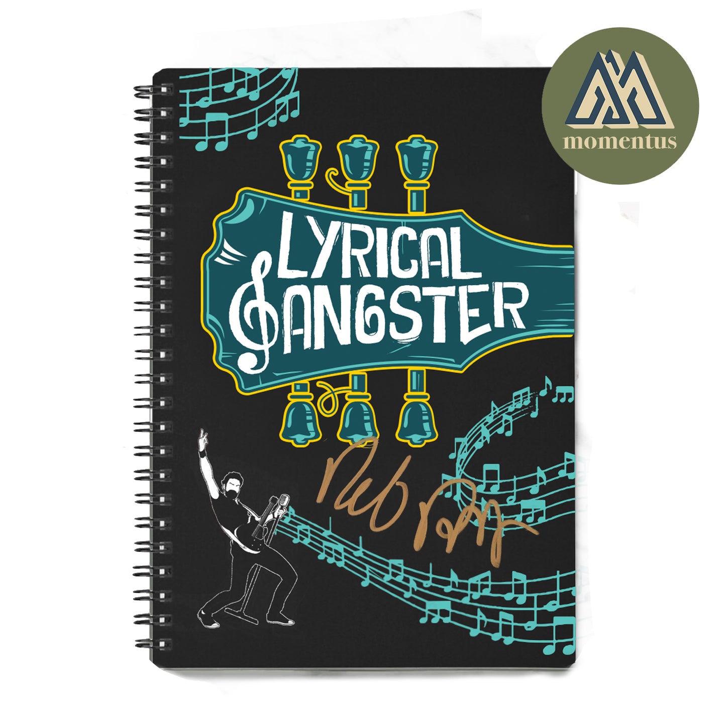 A black spiral-bound notebook with an illustration of Rob Benedict that says "lyrical gangster." The notebook is autographed by Rob Benedict.