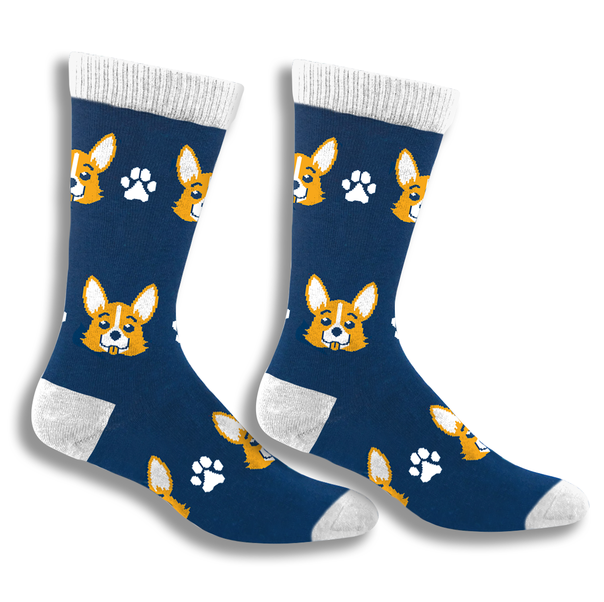 A pair of medium bue crew socks with white ankles, toes, and cuffs. The socks are printed with a yellow cartoon corgi face and white paw prints all over.