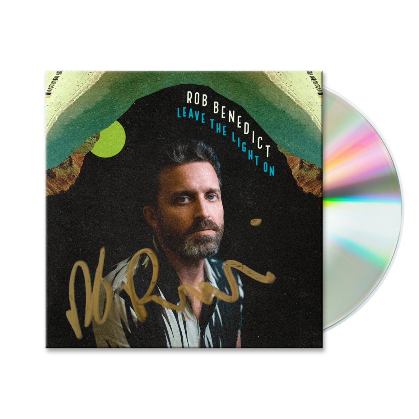 A CD case featuring a photo of Rob Benedict and the title "Leave the Lights On". The case is signed by Rob in gold Sharpie and a CD is poking out from the sleeve. 