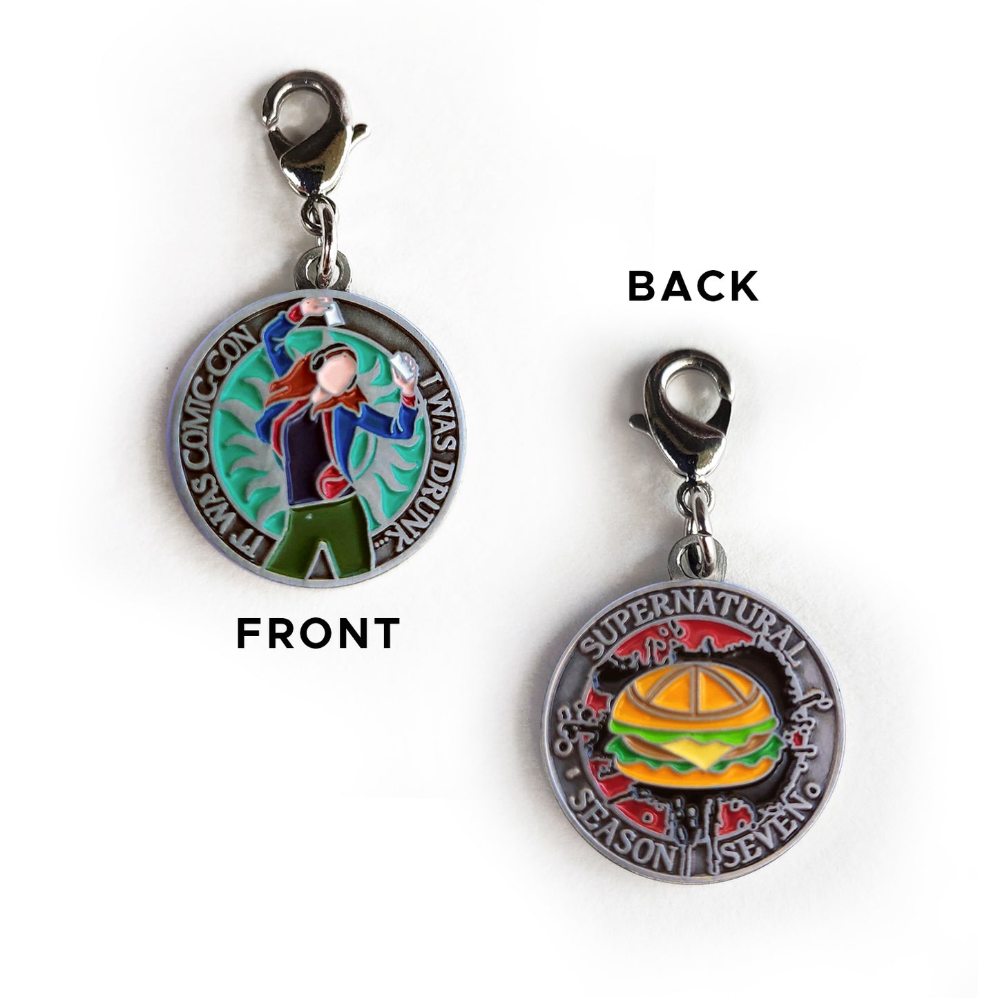 A brass coin with "Supernatural season seven" and a burger against a red and black background on one side and "It was comic-con. I was drunk." with teal background, an anti-possession symbol, and a sillhouette of Charlie Bradbury on the other.