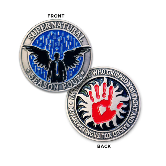 A brass coin charm with "Supernatural season four", a blue spark-filled background, and an angel sillhouette on one side and "I'm the one who gripped you tight and raised you from perdition" with a red handprint and anti-possession symbol on the other.