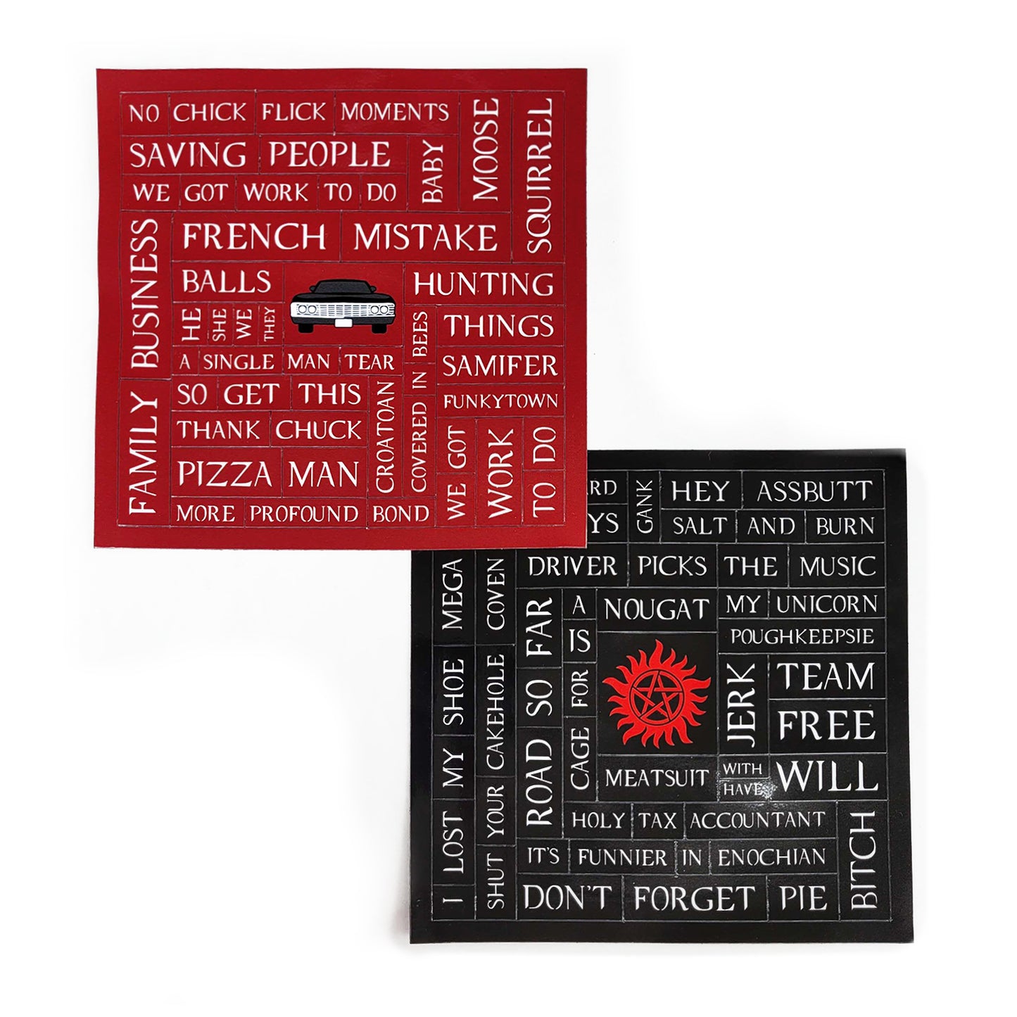 Two sets of magnets, with varying phrases and words from the SPN series. One is red, with the Impala at the center. The other is black, with a red Anti-Possession symbol at the center.