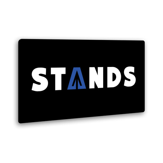 A black rectangle with "STANDS" in white text through the center. The "A" is a blue triangle, with an arrow shape in its center.
